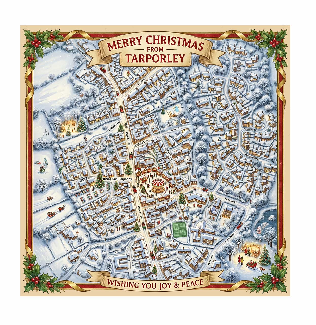 Tarporley Festive Street Map - Christmas Cards - Pack of 10
